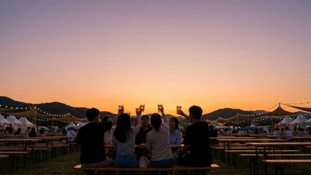 Food Festival - Group of young Korean friends toasting drinks at outdoor evening event