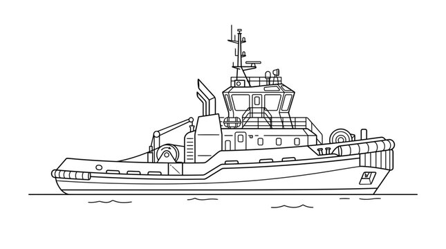 Black and white line art illustration of a harbor tugboat