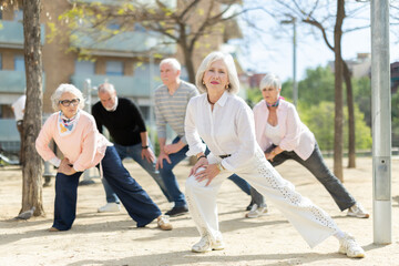 Fototapeta premium Senior adult friends is doing warm-up in fresh air. On sunny day, people engage in physical activity in shade of trees, group outdoor workout