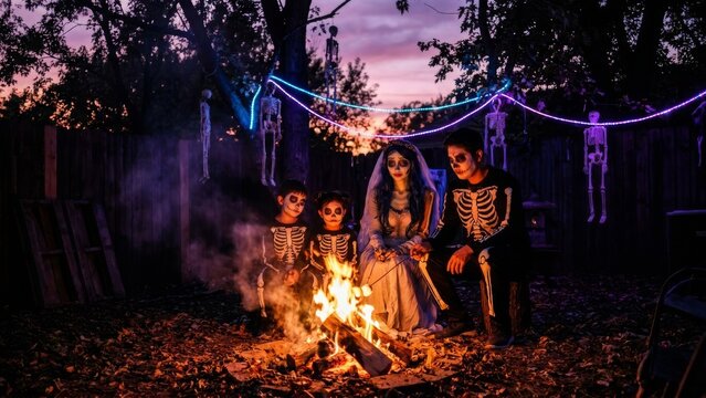 Holidays - Family in Halloween costumes sitting by a campfire in a backyard at dusk