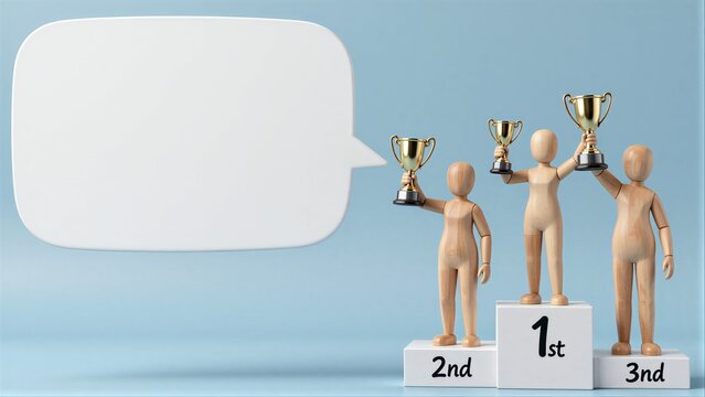 Wooden figures on podium with trophies, speech bubble suggests achievement or recognition.