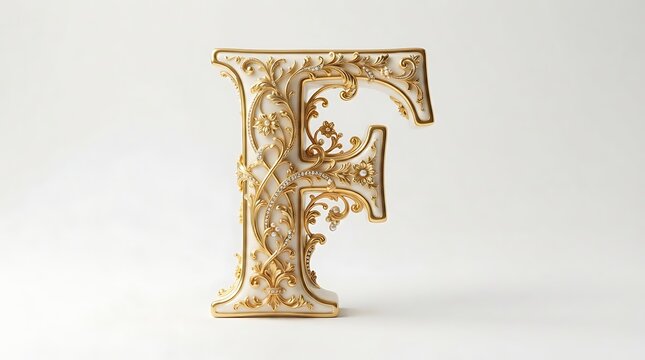Letter F displays intricate gold scrollwork over a pristine white porcelain structure against a clean neutral backdrop.