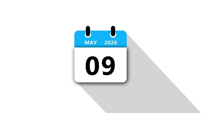 May 9 Daily Calendar. Blue Theme on White Background.may 2026 Calendar Icon Animation, New Year Date Flip,Modern Desk Calendar,Clean Minimal Schedule Reminder Event Planning,Time Management