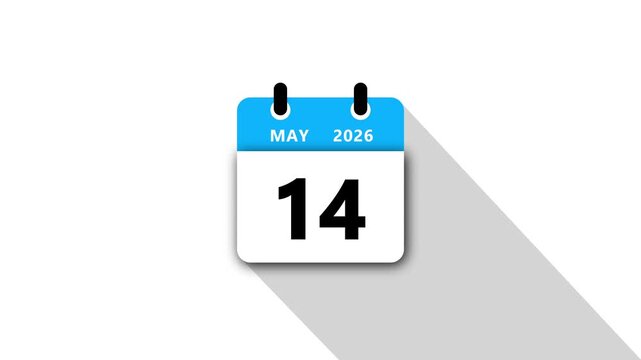May 14 Daily Calendar. Blue Theme on White Background.may 2026 Calendar Icon Animation, New Year Date Flip,Modern Desk Calendar,Clean Minimal Schedule Reminder Event Planning,Time Management