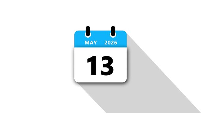 May 13 Daily Calendar. Blue Theme on White Background.may 2026 Calendar Icon Animation, New Year Date Flip,Modern Desk Calendar,Clean Minimal Schedule Reminder Event Planning,Time Management