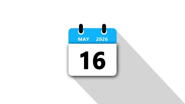 May 16 Daily Calendar. Blue Theme on White Background.may 2026 Calendar Icon Animation, New Year Date Flip,Modern Desk Calendar,Clean Minimal Schedule Reminder Event Planning,Time Management