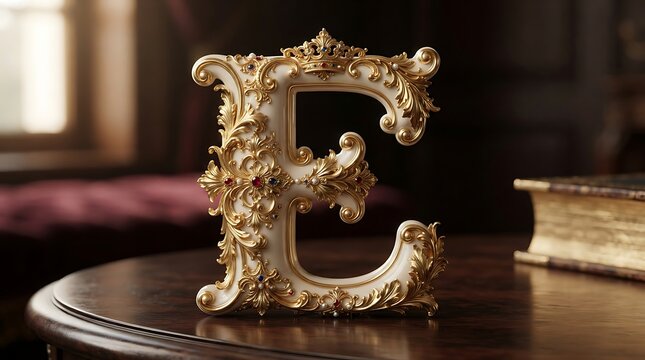 Letter E crafted from ornate white porcelain and gold leaf detail sits elegantly upon a dark circular table within a sophisticated room.