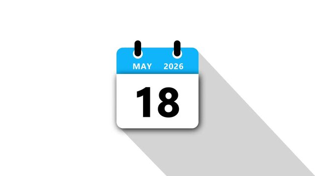 May 18 Daily Calendar. Blue Theme on White Background.may 2026 Calendar Icon Animation, New Year Date Flip,Modern Desk Calendar,Clean Minimal Schedule Reminder Event Planning,Time Management