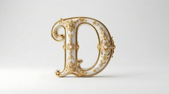 Letter D showcases an elaborate gold filigree pattern set against a stark and uniform white backdrop.
