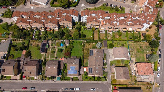 Aerial View of Residential Neighborhood: An aerial perspective reveals a charming residential neighborhood with neatly arranged houses, Bellaria, Peschiera Borromeo, Italy