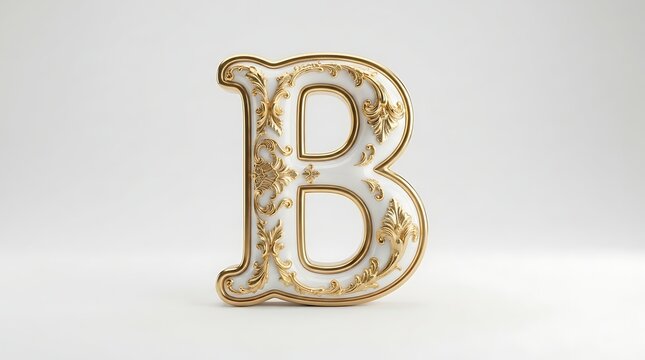 Letter B showcases an ornate white ceramic design with intricate gold leaf filigree patterns against a clean backdrop.