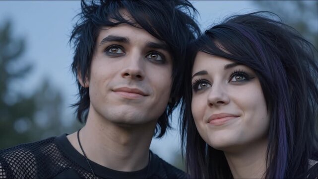 Alternative Young Couple Looking Up and Smiling Together