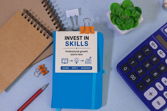 Invest in Skills Professional Development Concept with Office Supplies and Calculator Flat Lay.