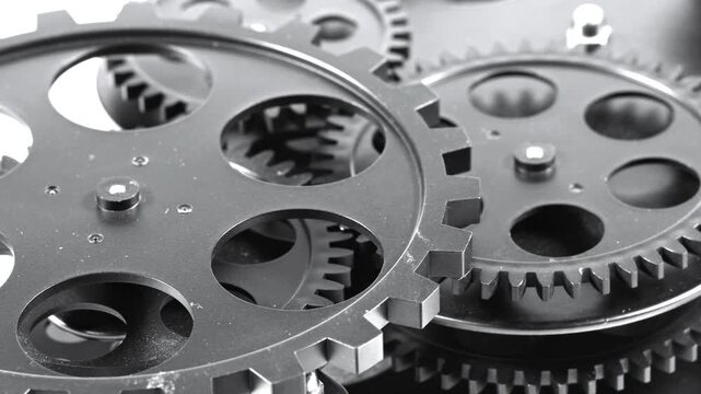 Macro close-up shot of dark metallic cogs and gearwheels meshing together within a complex mechanical assembly, symbolizing precision engineering, industrial efficiency, teamwork, and automated machin