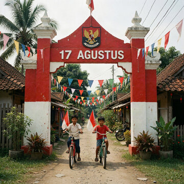 Nostalgic 1990s Indonesian kampung decorated for 17 Agustus, gapura with red and white paint, kids on bicycles with flags, vintage film photo, Kodak Portra 400
