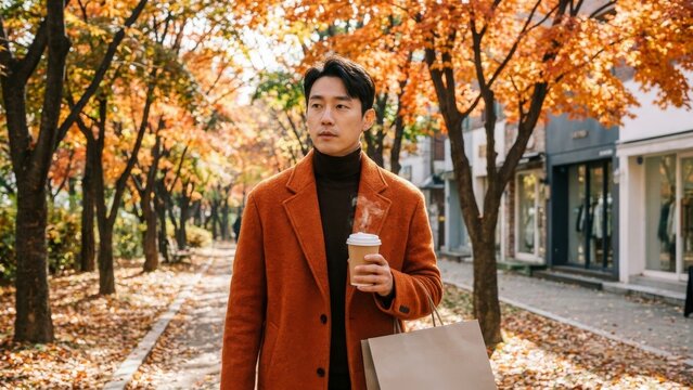Lifestyle - Korean man walking with coffee cup and shopping bag in autumn street