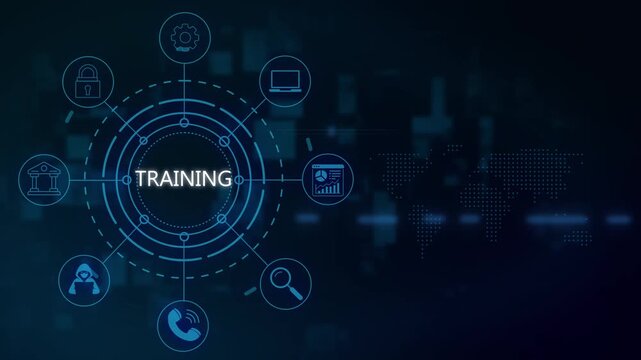 Corporate employee training concept with digital hud interface and global network education