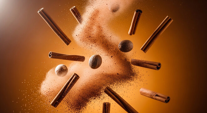 Cinnamon sticks and nutmeg exploding with spice dust, dynamic shot, perfect for culinary advertising, food blogs and baking promotions