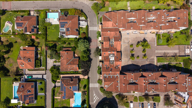 Aerial View of Residential Neighborhood. Bellaria, Peschiera Borromeo, Italy