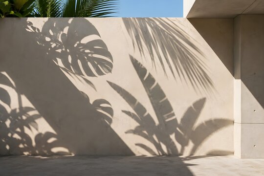 Sunlit textured wall with tropical palm and monstera leaf shadows