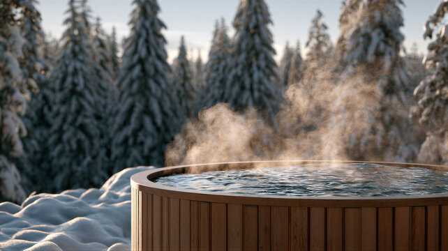 Steaming wooden hot tub surrounded by snow covered pine forest. Outdoor thermal bath for winter relaxation and wellness. Luxury spa resort experience in cold nature landscape.