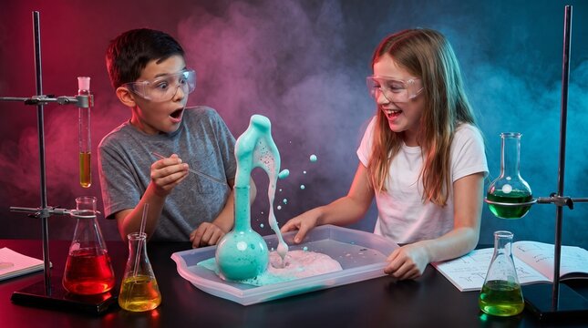 Education: Children react with delight as a foaming chemistry experiment erupts in school laboratory