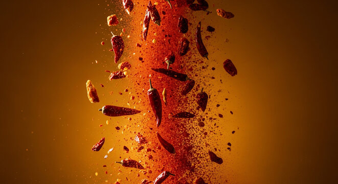 Dried chili peppers and spice explosion with vibrant red and orange hues, motion freeze, ideal for food advertising, culinary blogs and spice packaging