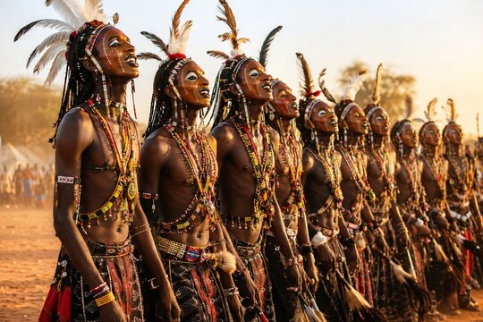 Gerewol Festival Performers in Ceremonial Line at Sunset