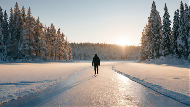 Man ice skating on frozen lake in winter forest. Back view of skater enjoying nature during golden hour. Wellness, outdoor activity and adventure in snowy landscape at sunset.