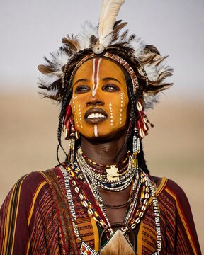 Gerewol Festival Performer Portrait with Face Paint and Beadwork