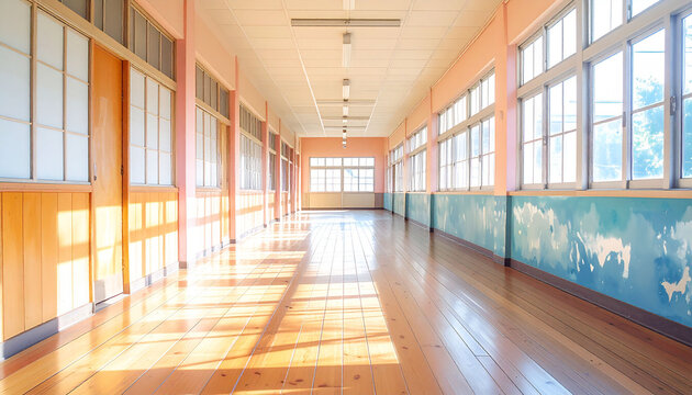朝日が差し込む学校の廊下　窓から光が広がる日本の校舎の風景　懐かしい木造校舎の教室前廊下　木目調の床と日差しが演出する卒業や入学シーズンのノスタルジックな雰囲気の背景素材　教育現場や学習塾のイメージ画像