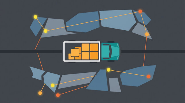 Top view of truck carrying cargo with connected nodes and geometric shapes, perfect for logistics, delivery services and supply chain management advertising