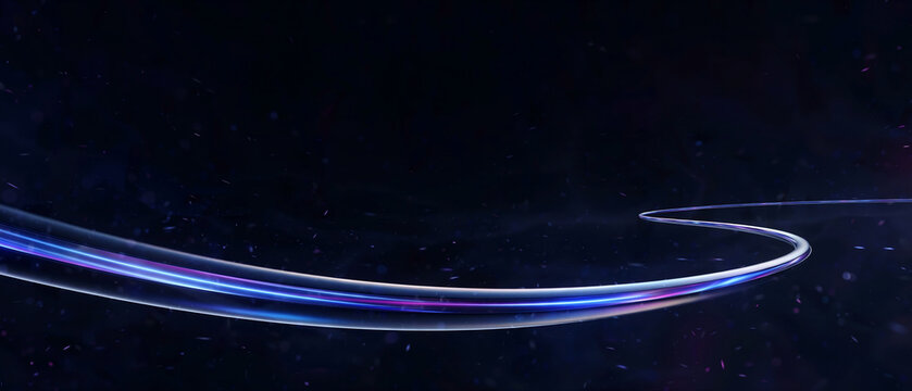 Vibrant abstract glowing blue and purple light trails with scattered particles on a dark background, ideal for technology, digital art and motion graphics backgrounds