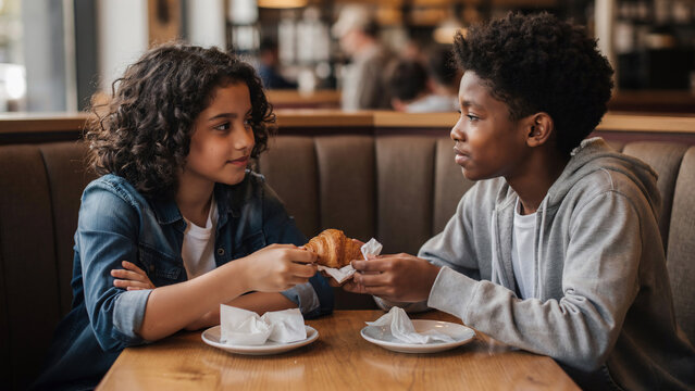Two young diverse friends sharing a croissant at a cafe table, close-up, perfect for lifestyle blogs, food advertising and family content