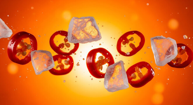 Fiery red chili pepper slices and ice cubes suspended in mid-air against a vibrant orange gradient background, ideal for culinary advertising, beverage design, and spicy food concepts.