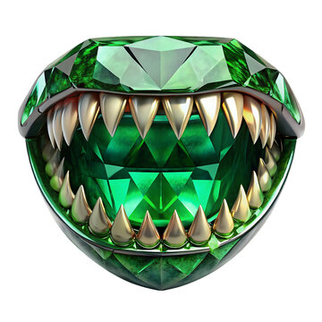 Surreal green gemstone monster mouth with sharp metallic teeth isolated on transparent background