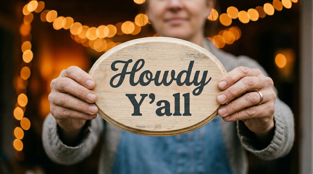 Woman holding "Howdy Y'all" wooden sign with warm bokeh lights in background, suitable for greeting, welcome and hospitality