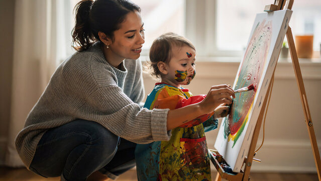 Young mother and toddler painting colorful abstract art on an easel in a sunlit room, ideal for parenting blogs, early education and family ads