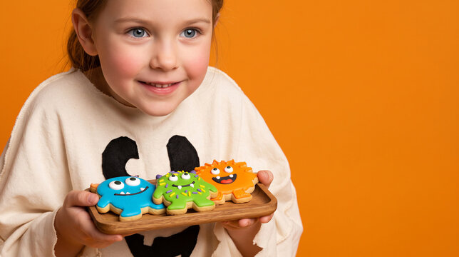 Little girl holding wooden tray with decorated monster cookies