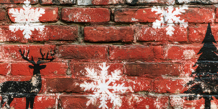 The Wall That Marks Winter As Snowflakes Fall Around A Reindeer And Tree In Black Stencil, ai generated.
