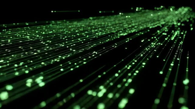 Glowing green fiber optic cables transmitting high speed digital data information through dark space representing modern networking infrastructure and advanced communication technology