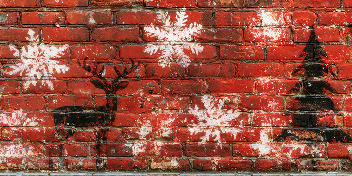 The Wall That Marks Winter As Snowflakes Fall Around A Reindeer And Tree In Black Stencil, ai generated.
