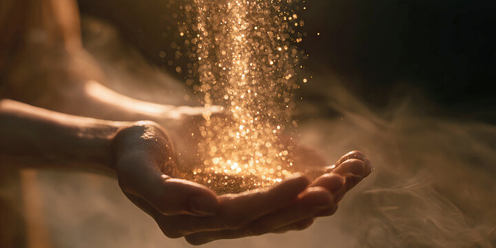 The Hands That Hold Falling Gold As Warm Light Turns Dust Into A Shimmering Moment Of Time, ai generated.