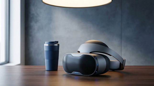Modern virtual reality headset resting on wooden desk with coffee cup