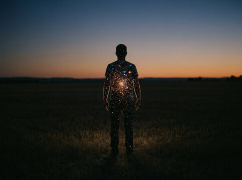 Standing silhouette filled with tiny stars against dusk sky