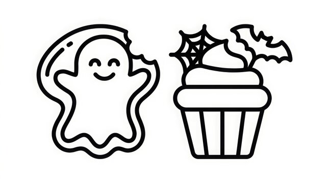 Holiday - Halloween coloring page with cute ghost cookie and cupcake