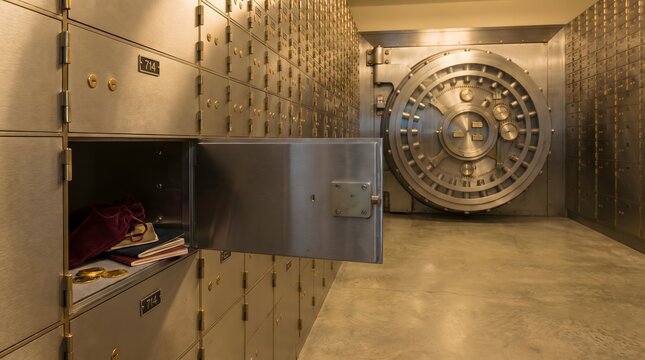 Open Metal Safe Deposit Box Inside a Secure Bank Vault Room