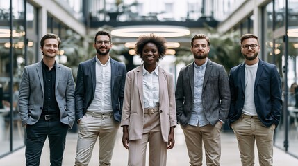 Fototapeta premium A multicultural corporate group presents a professional portrait in a contemporary office environment emphasizing teamwork, strategy, and modern business achievement.