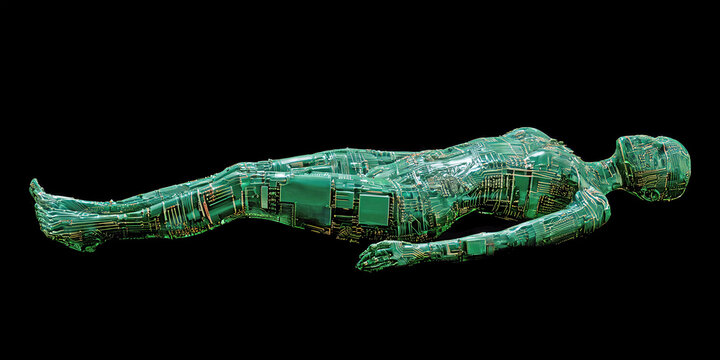 The Body That Glows In Circuit Light As Human Form Merges With Metal And Digital Pulse, ai generated.