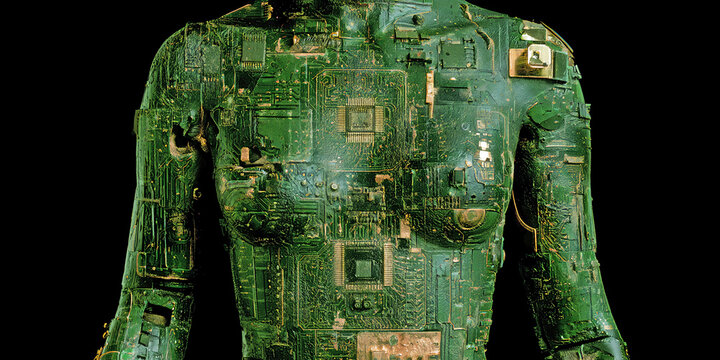 The Body That Glows In Circuit Light As Human Form Merges With Metal And Digital Pulse, ai generated.